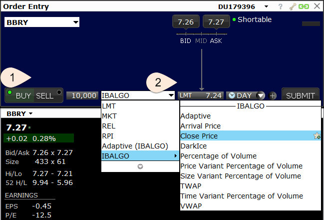 Close Price algo order in Mosaic